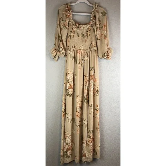 Aakaa Womens Babydoll Maxi Dress Small Floral Smocked Boho Cottagecore Elegant - Picture 1 of 12